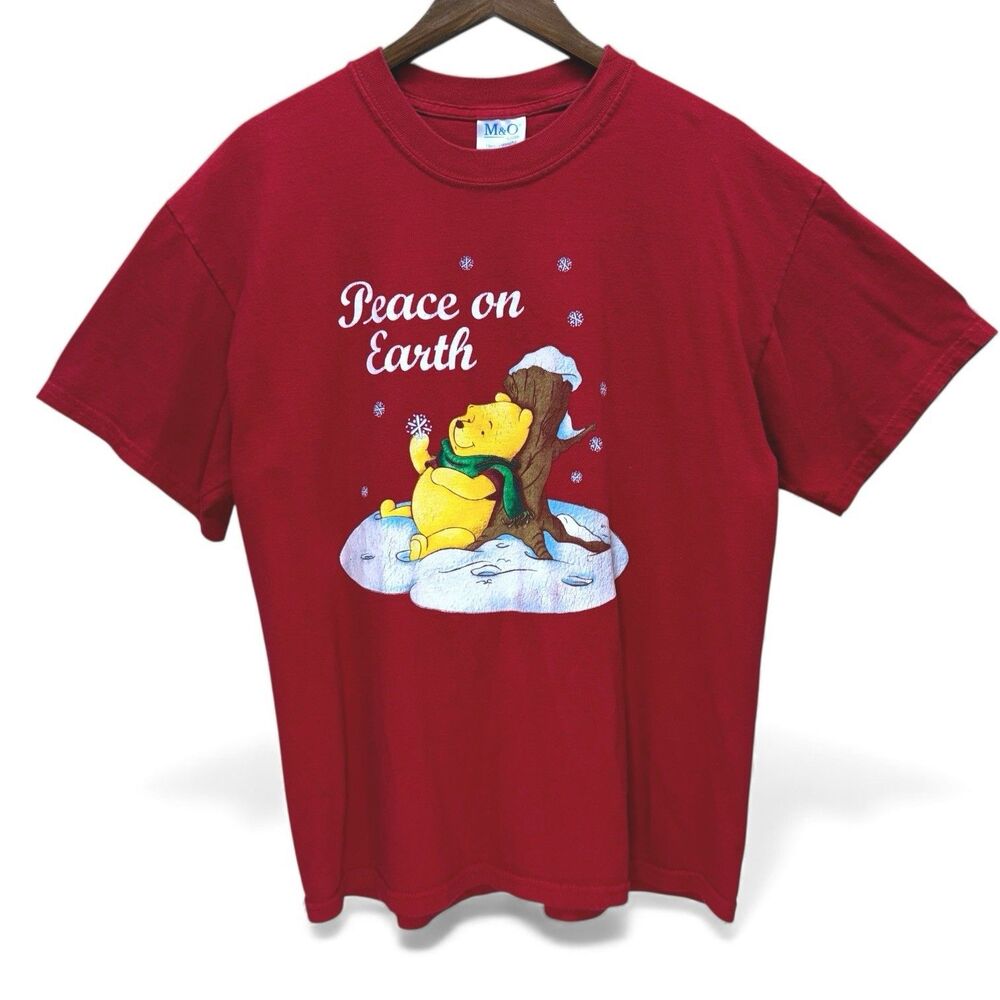 VTG Y2K Winnie the Pooh Christmas T-Shirt Mens L Red Peace on Earth Snow Holiday